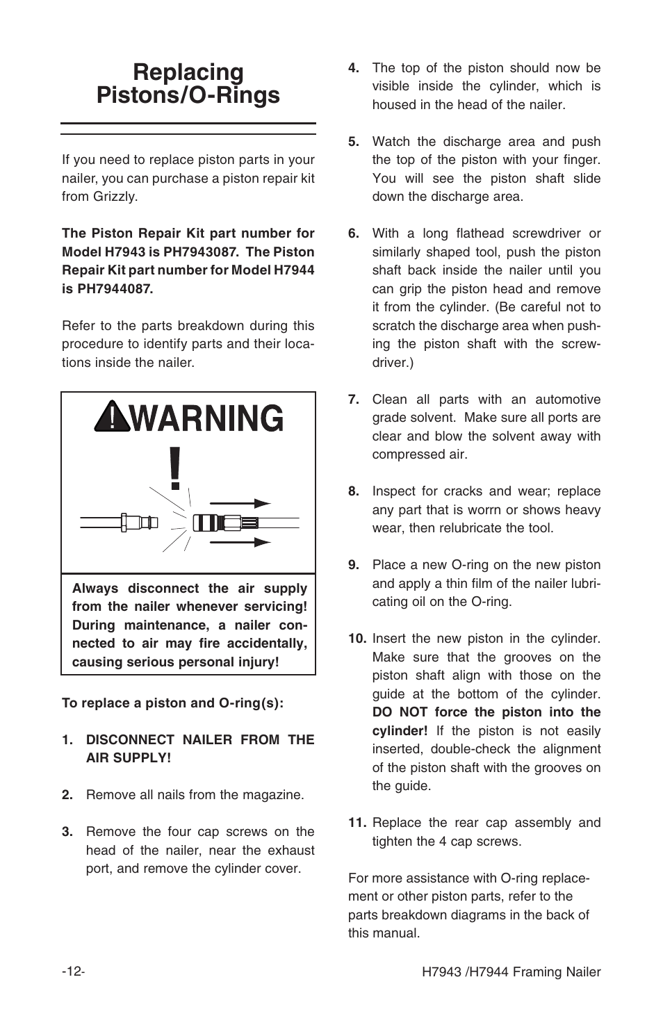 Replacing pistons/o-rings | Grizzly H7943/H7944 User Manual | Page 14 / 24