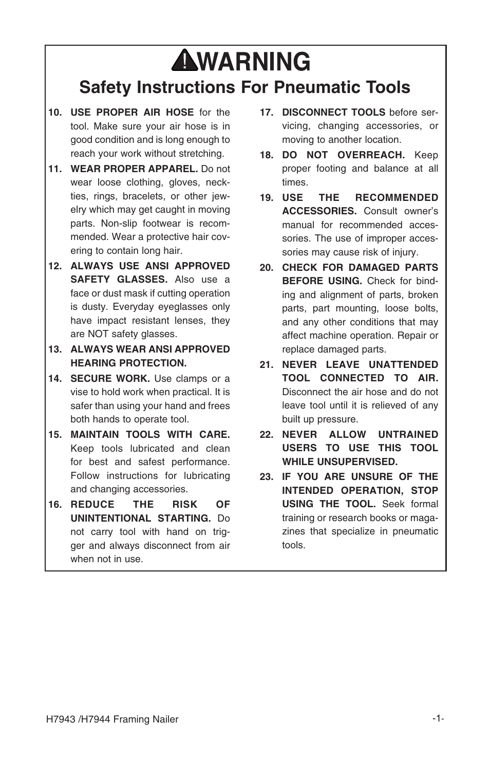 Safety instructions for pneumatic tools | Grizzly H7943/H7944 User Manual | Page 3 / 24