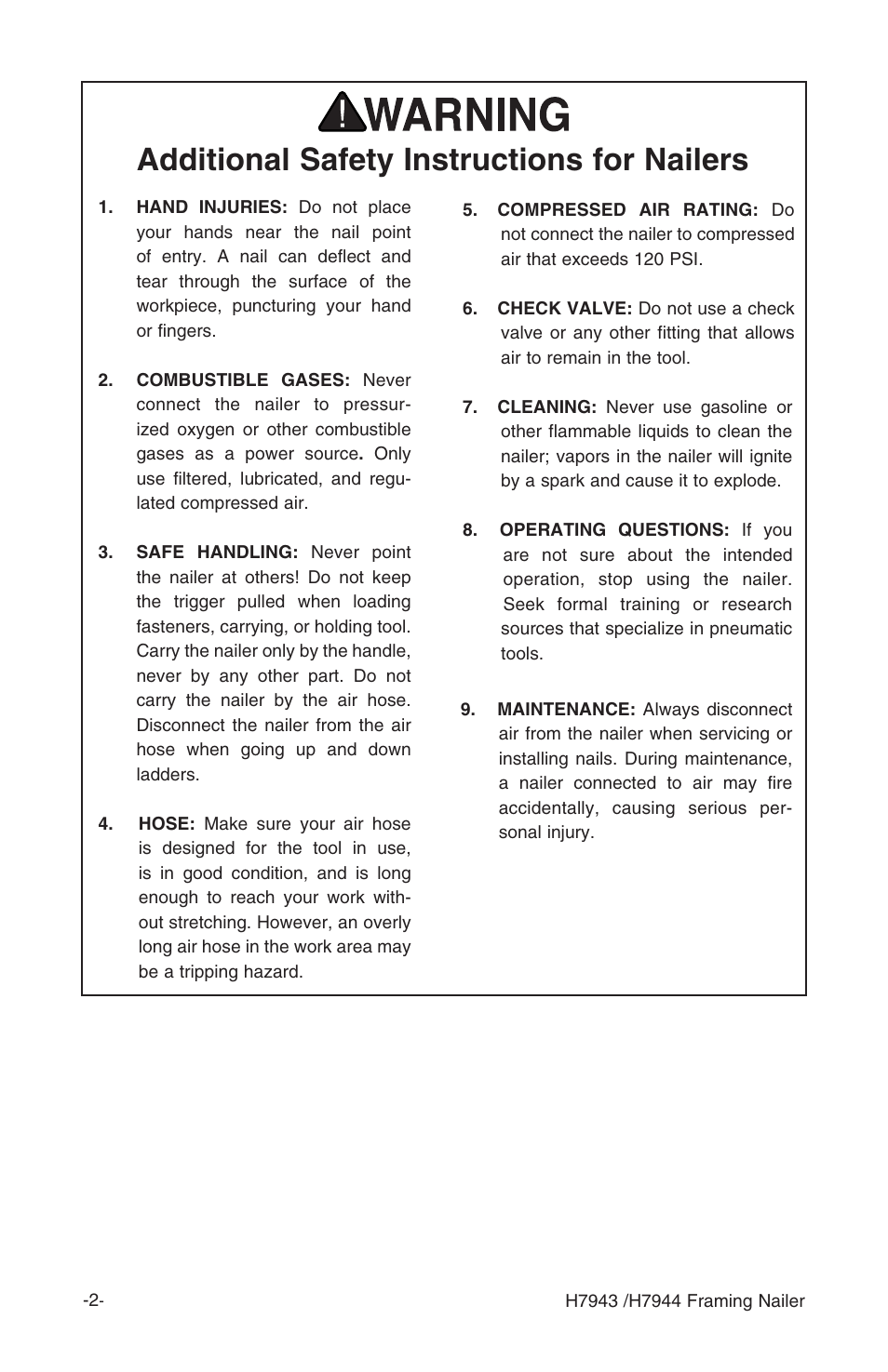 Additional safety instructions for nailers | Grizzly H7943/H7944 User Manual | Page 4 / 24