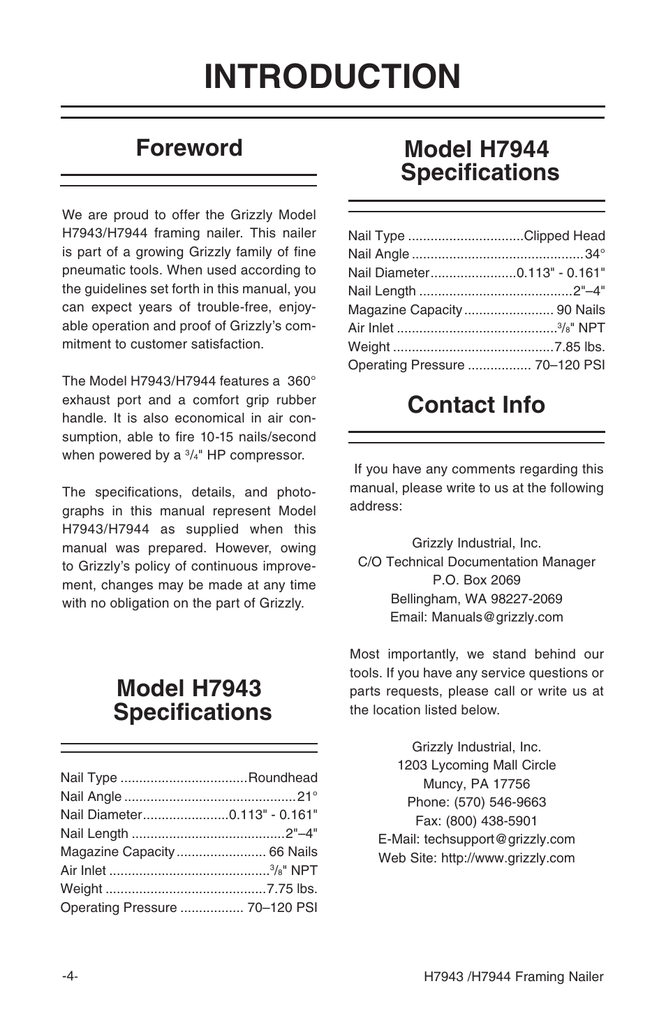 Introduction, Foreword contact info | Grizzly H7943/H7944 User Manual | Page 6 / 24