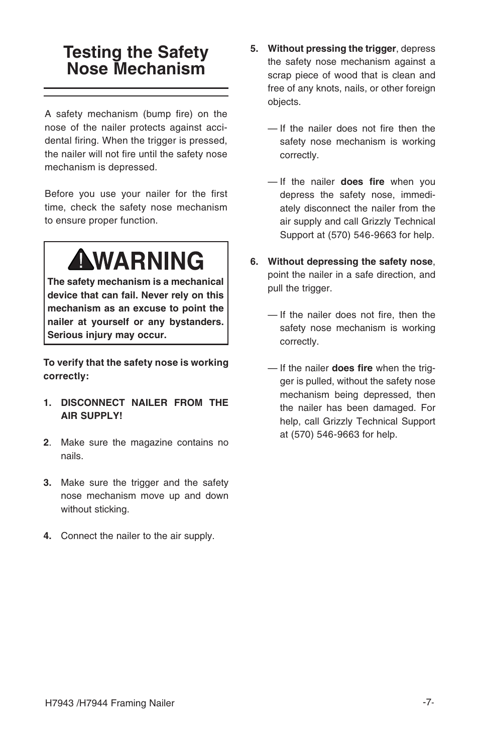 Testing the safety nose mechanism | Grizzly H7943/H7944 User Manual | Page 9 / 24