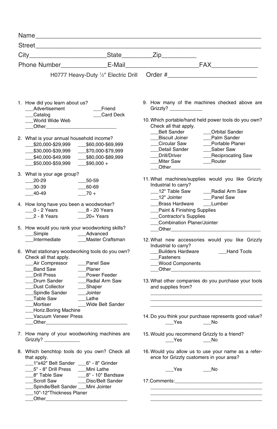 Warranty card, Name, Street | City, State, Phone number, E-mail, Model, Order | Grizzly H0777 User Manual | Page 9 / 10