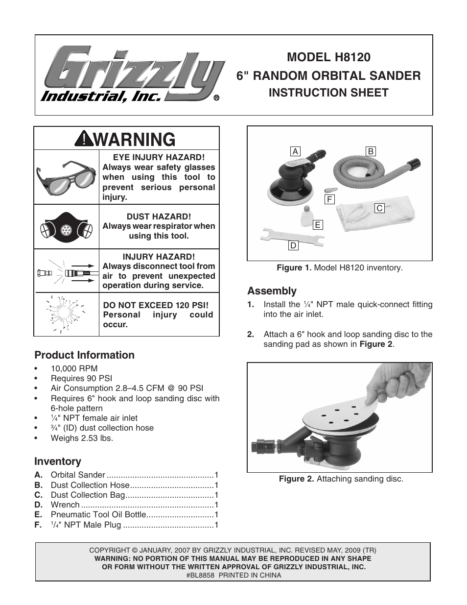 Grizzly 6" random orbital sander H8120 User Manual | 4 pages