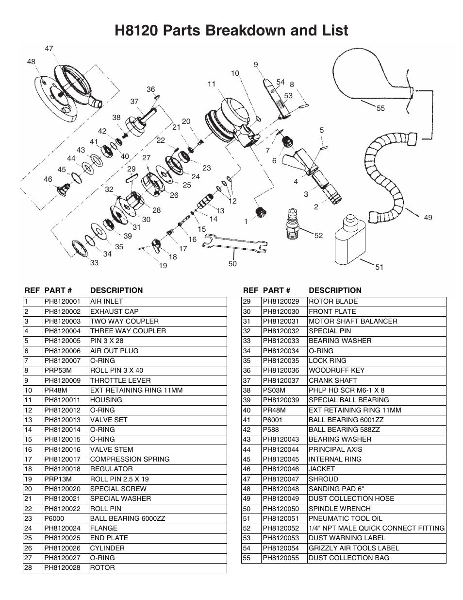 H8120 parts breakdown and list | Grizzly 6" random orbital sander H8120 User Manual | Page 4 / 4