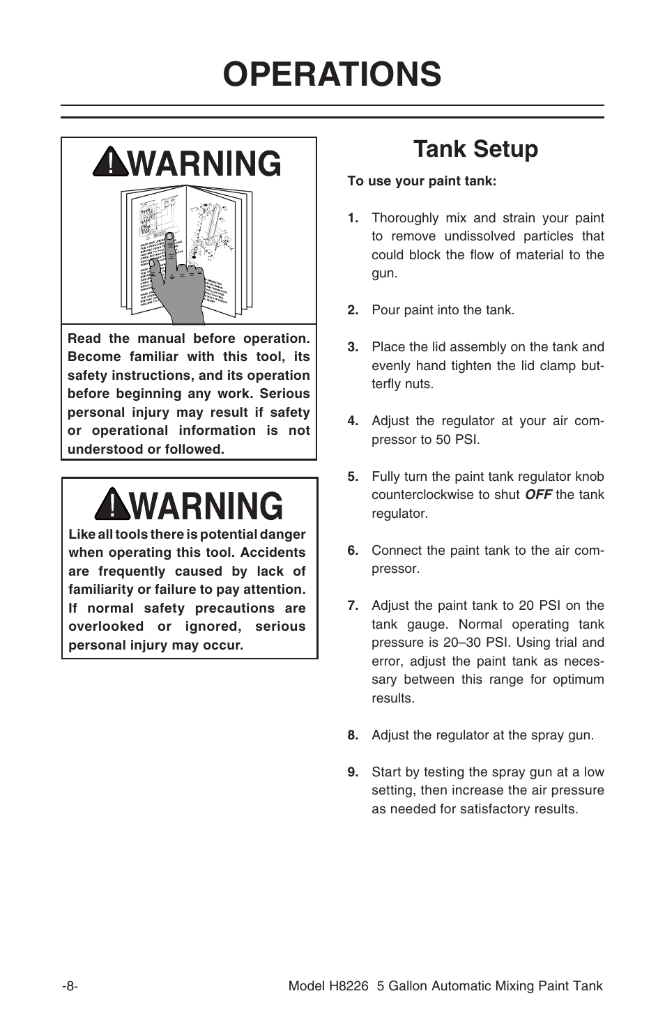 Operations, Tank setup | Grizzly 5 GALLON AUTOMATIC MIXING PAINT TANK H8226 User Manual | Page 10 / 16