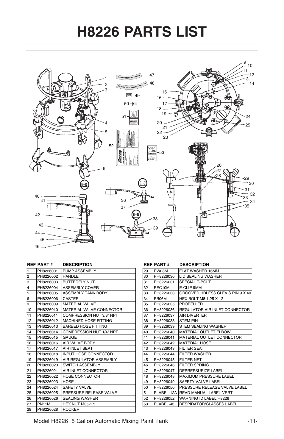 H8226 parts list | Grizzly 5 GALLON AUTOMATIC MIXING PAINT TANK H8226 User Manual | Page 13 / 16