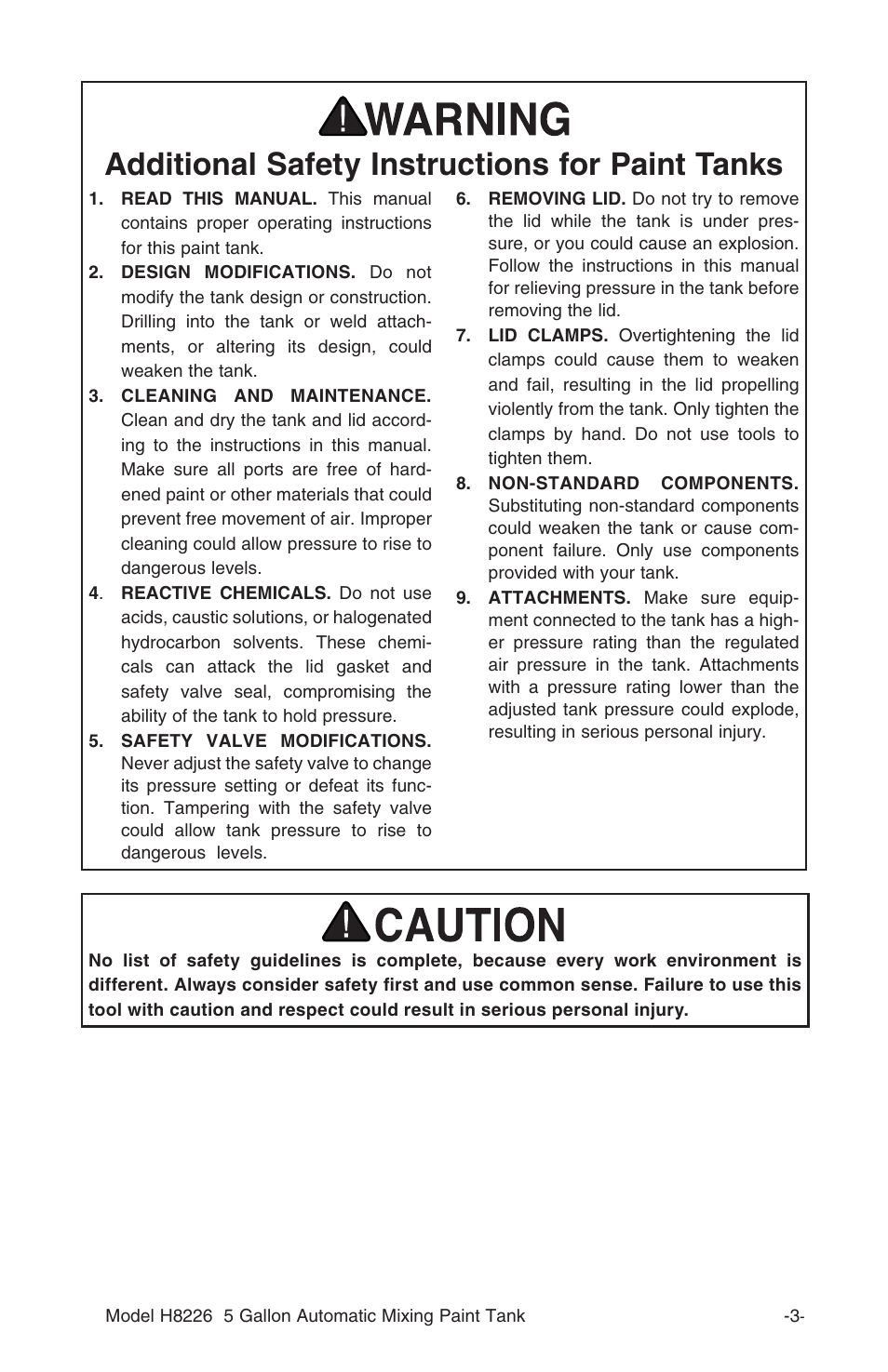 Additional safety instructions for paint tanks | Grizzly 5 GALLON AUTOMATIC MIXING PAINT TANK H8226 User Manual | Page 5 / 16