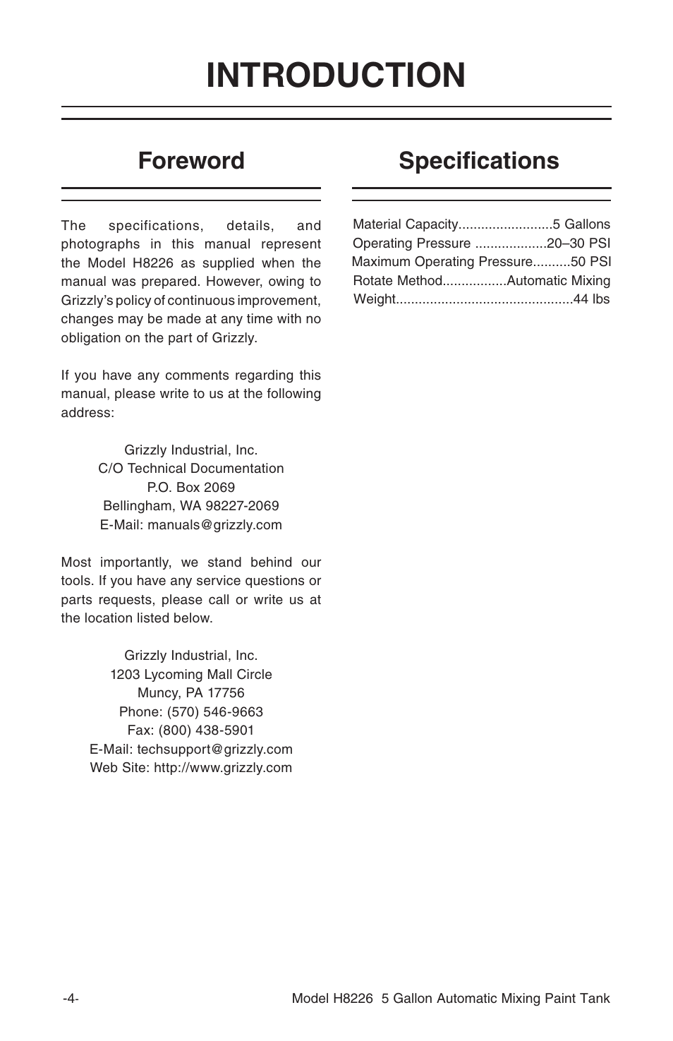 Introduction, Specifications foreword | Grizzly 5 GALLON AUTOMATIC MIXING PAINT TANK H8226 User Manual | Page 6 / 16