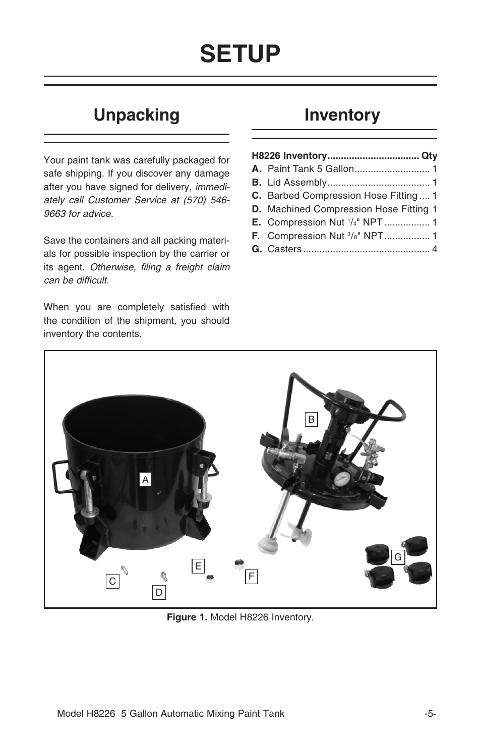 Setup, Inventory, Unpacking | Grizzly 5 GALLON AUTOMATIC MIXING PAINT TANK H8226 User Manual | Page 7 / 16