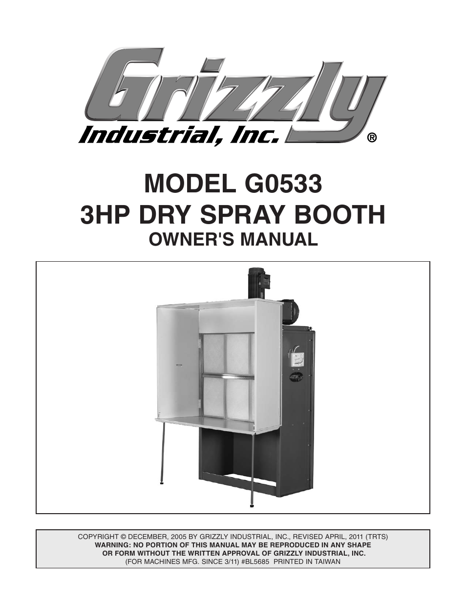 Grizzly 3HP Dry Spray Booth G0533 User Manual | 32 pages