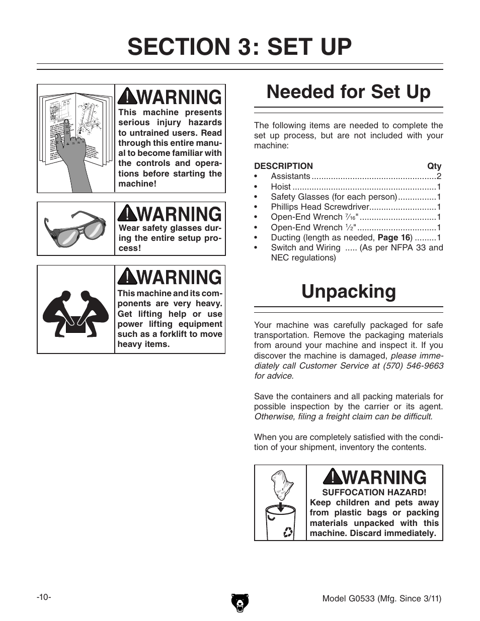 Needed for set up, Unpacking | Grizzly 3HP Dry Spray Booth G0533 User Manual | Page 12 / 32