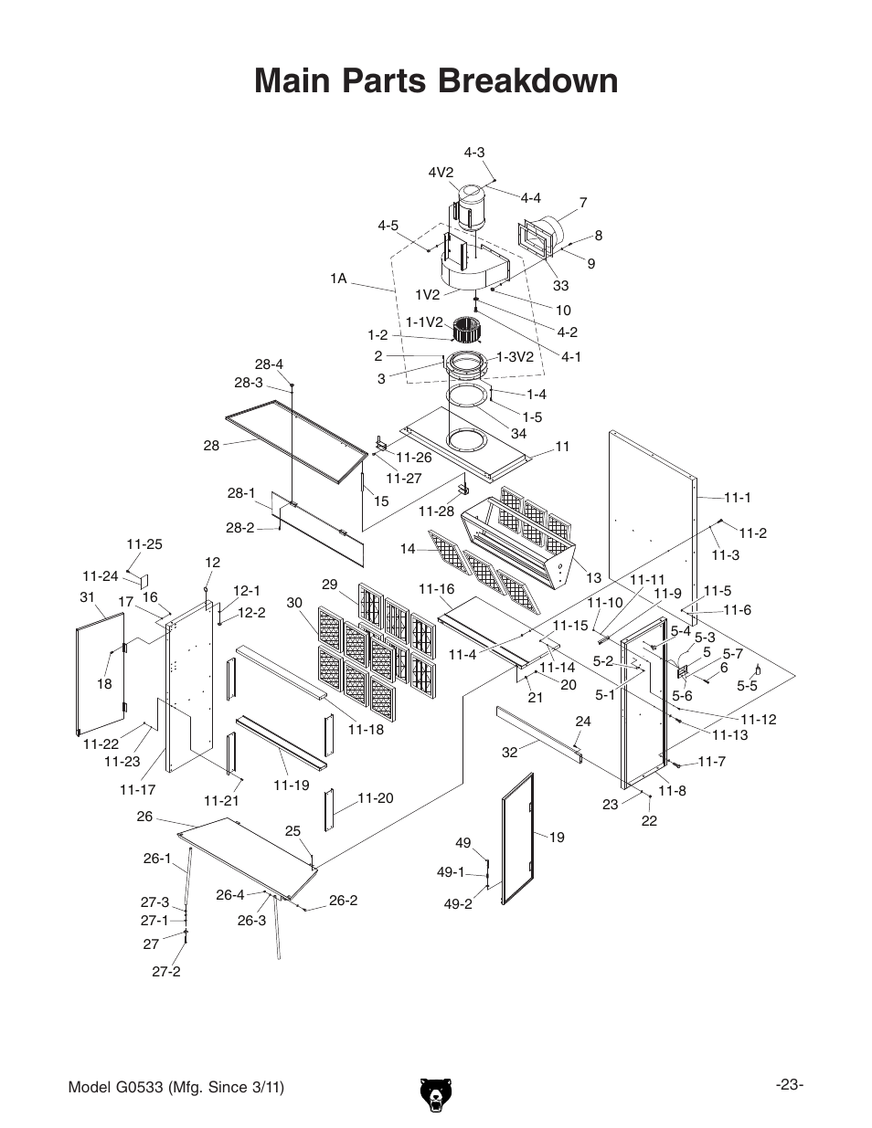 Main parts breakdown | Grizzly 3HP Dry Spray Booth G0533 User Manual | Page 25 / 32