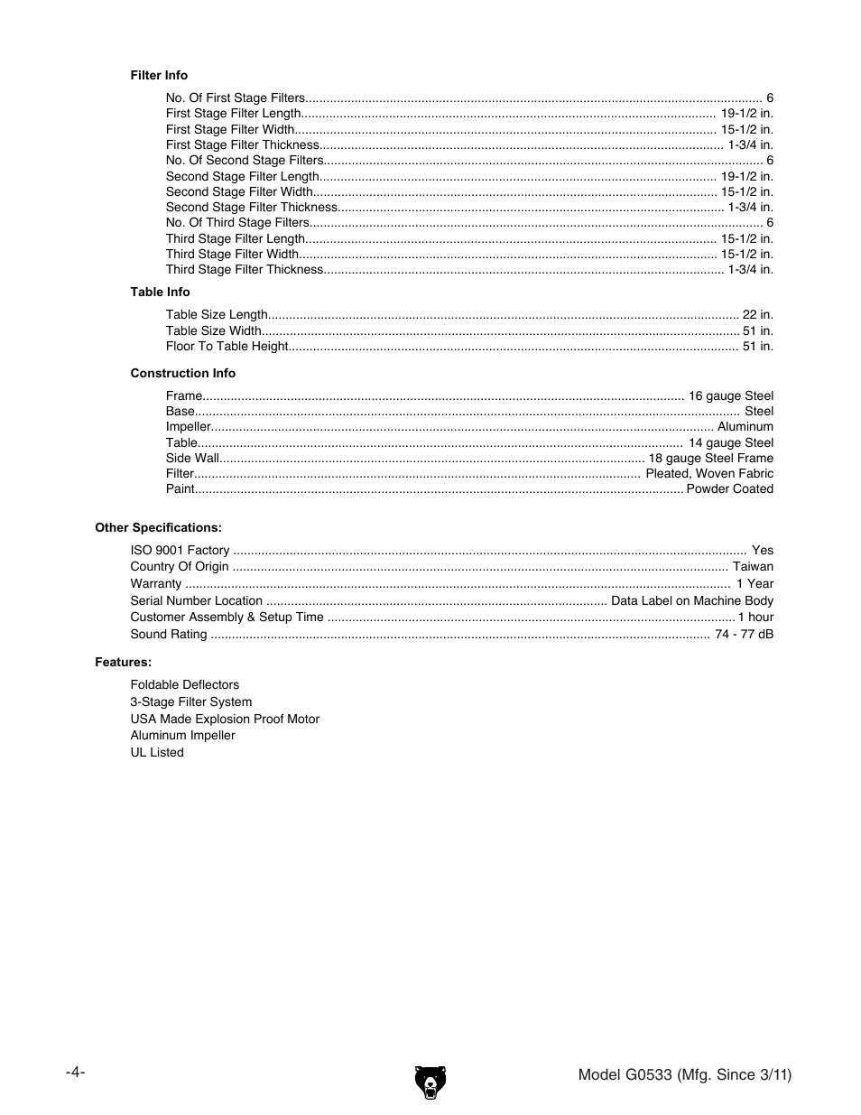 Grizzly 3HP Dry Spray Booth G0533 User Manual | Page 6 / 32