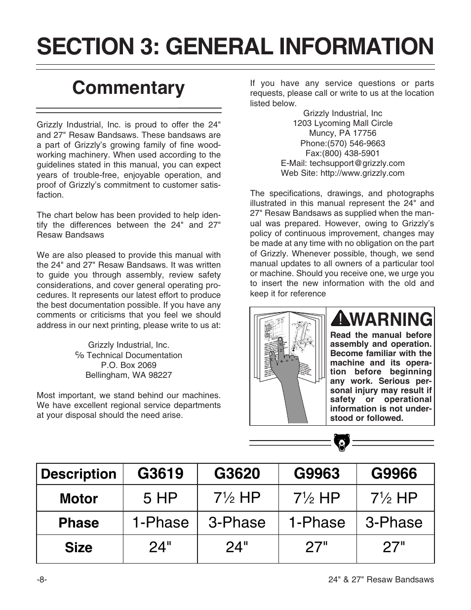 Commentary, Hp 3-phase 27, Description motor phase size | Grizzly G3620 User Manual | Page 10 / 56
