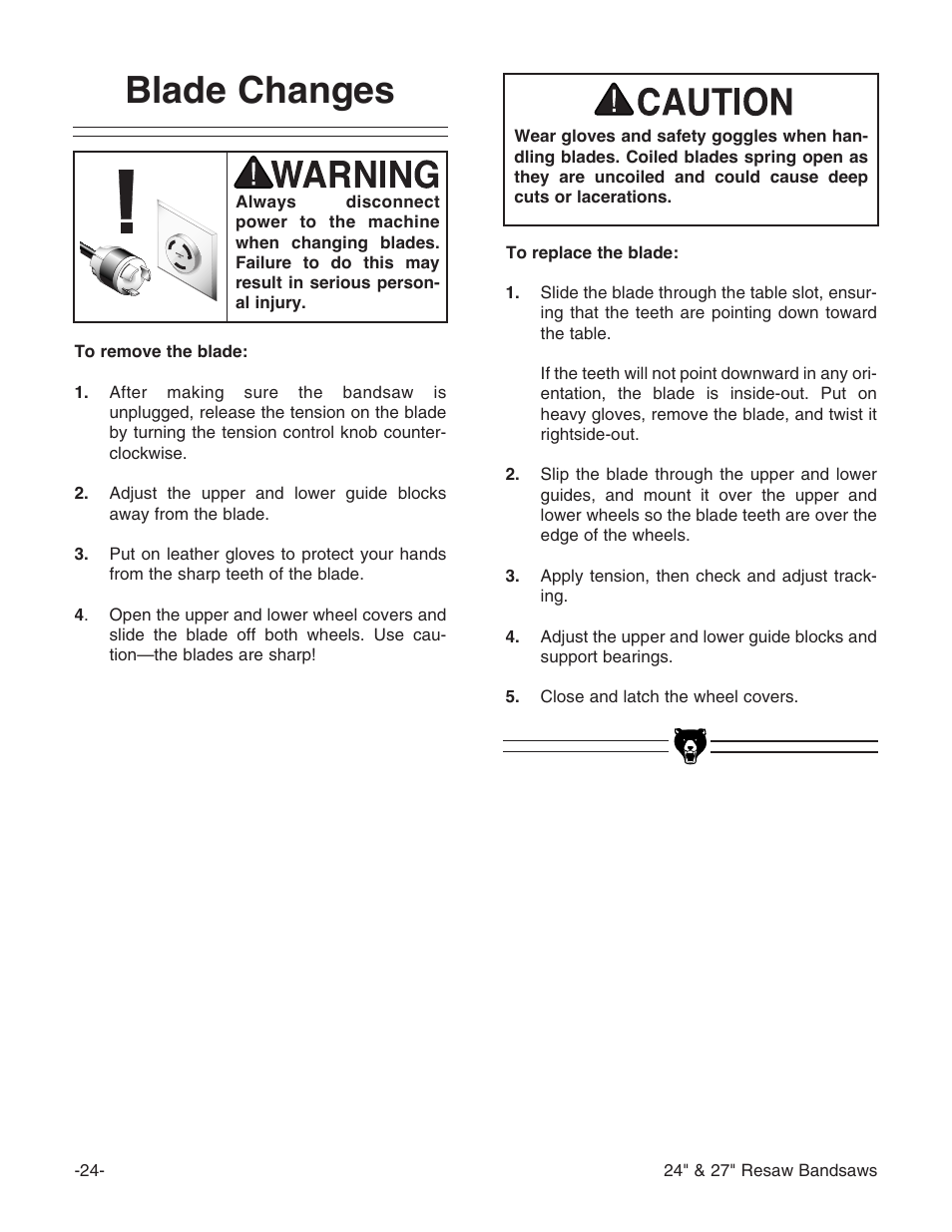 Blade changes | Grizzly G3620 User Manual | Page 26 / 56