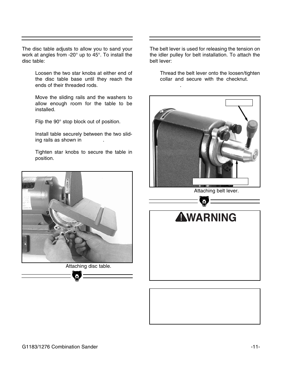 Disc table, Belt lever, Notice | Grizzly G1276 User Manual | Page 13 / 34