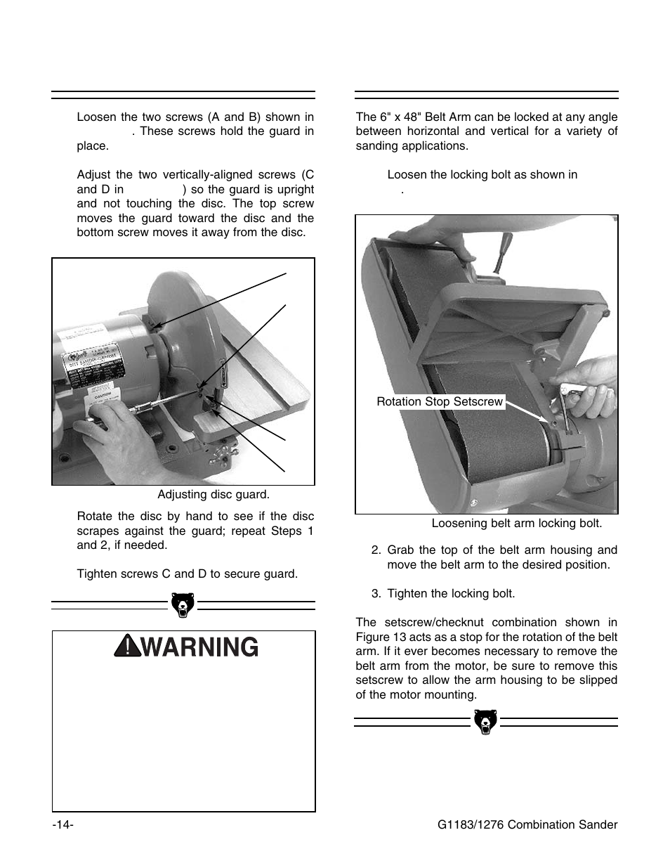 Disc guard, Belt arm movement | Grizzly G1276 User Manual | Page 16 / 34