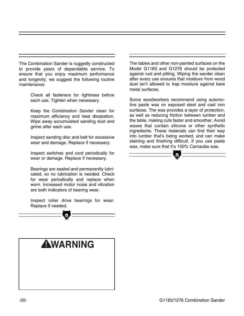 Tables, General | Grizzly G1276 User Manual | Page 22 / 34