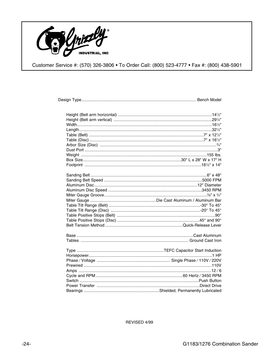 Machine data sheet, Grizzly model g1183 combination sander | Grizzly G1276 User Manual | Page 26 / 34