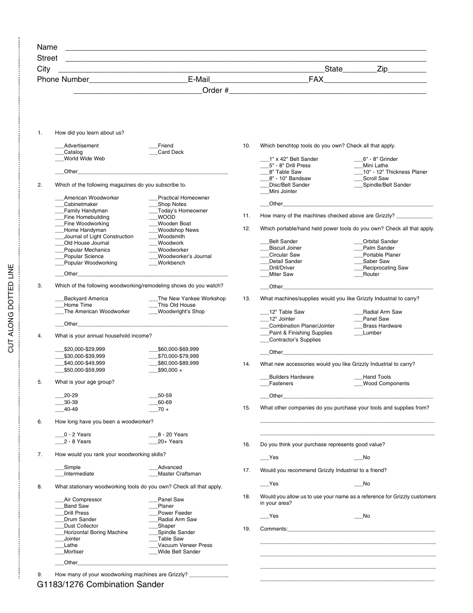 Warranty card, Cut along dotted line | Grizzly G1276 User Manual | Page 33 / 34
