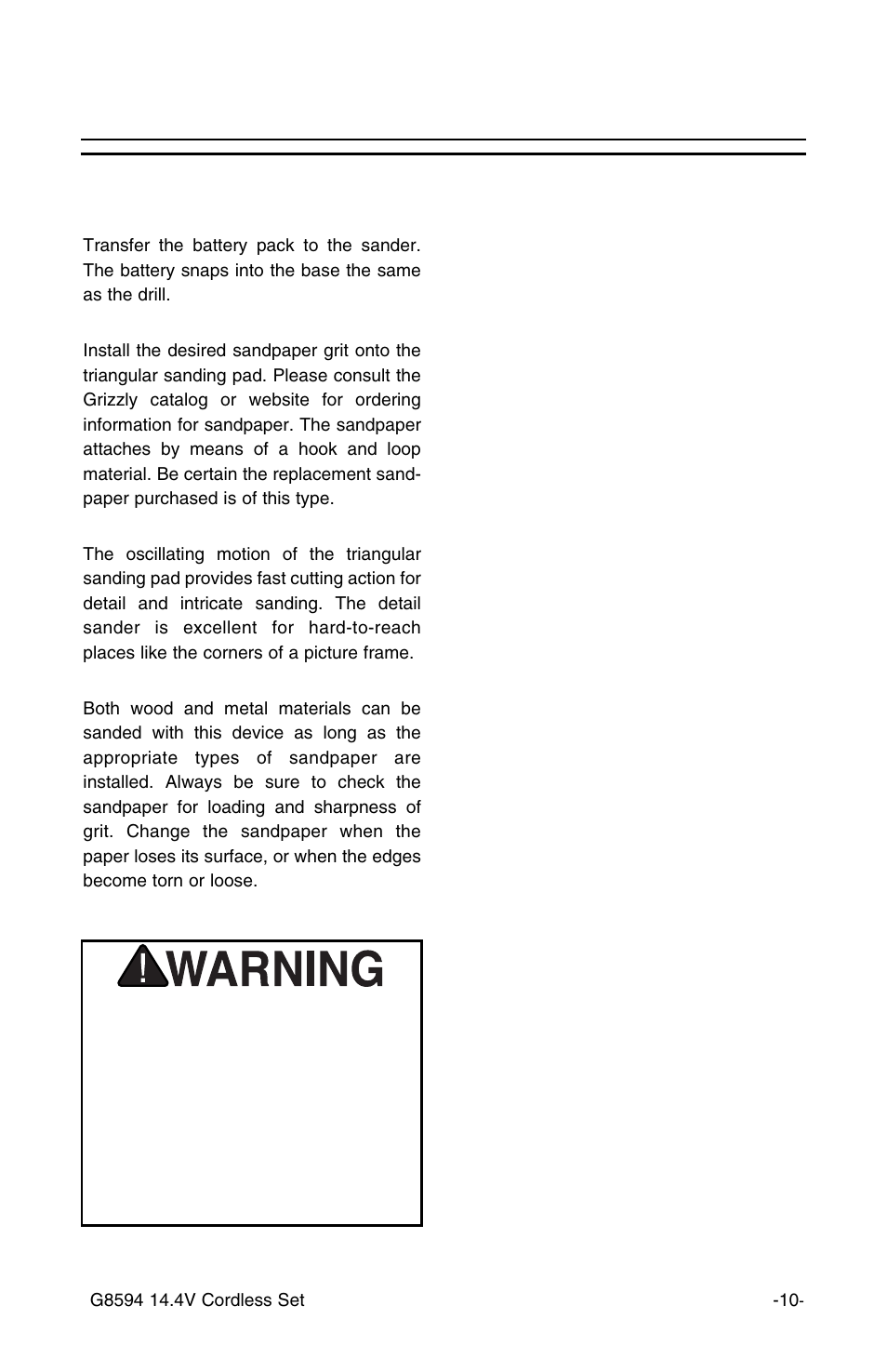 Detail sander operation, Detail sander | Grizzly 14.4v 3/8" Cordless Drill G8594 User Manual | Page 10 / 14