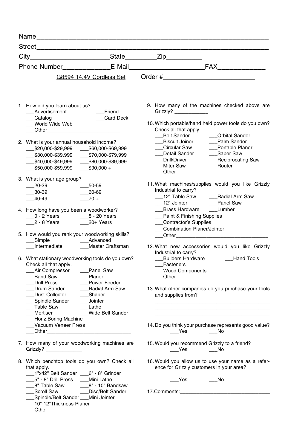Warranty card, Name, Street | City, State, Phone number, E-mail, Model, Order | Grizzly 14.4v 3/8" Cordless Drill G8594 User Manual | Page 13 / 14