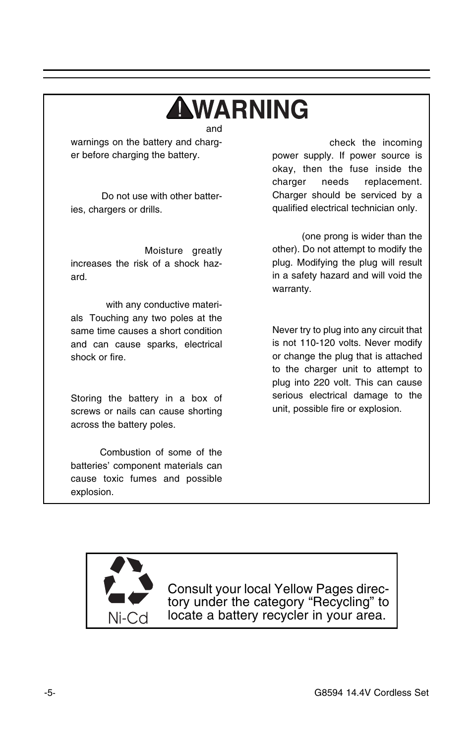 Charging safety | Grizzly 14.4v 3/8" Cordless Drill G8594 User Manual | Page 5 / 14