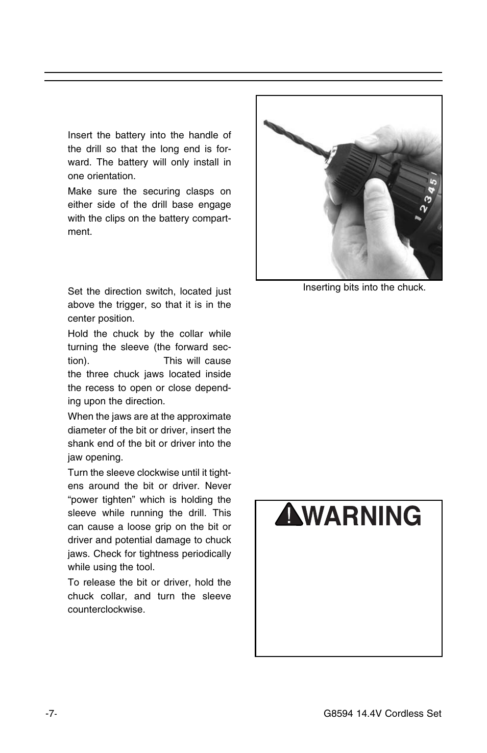 Drill operation, Inserting battery into drill | Grizzly 14.4v 3/8" Cordless Drill G8594 User Manual | Page 7 / 14