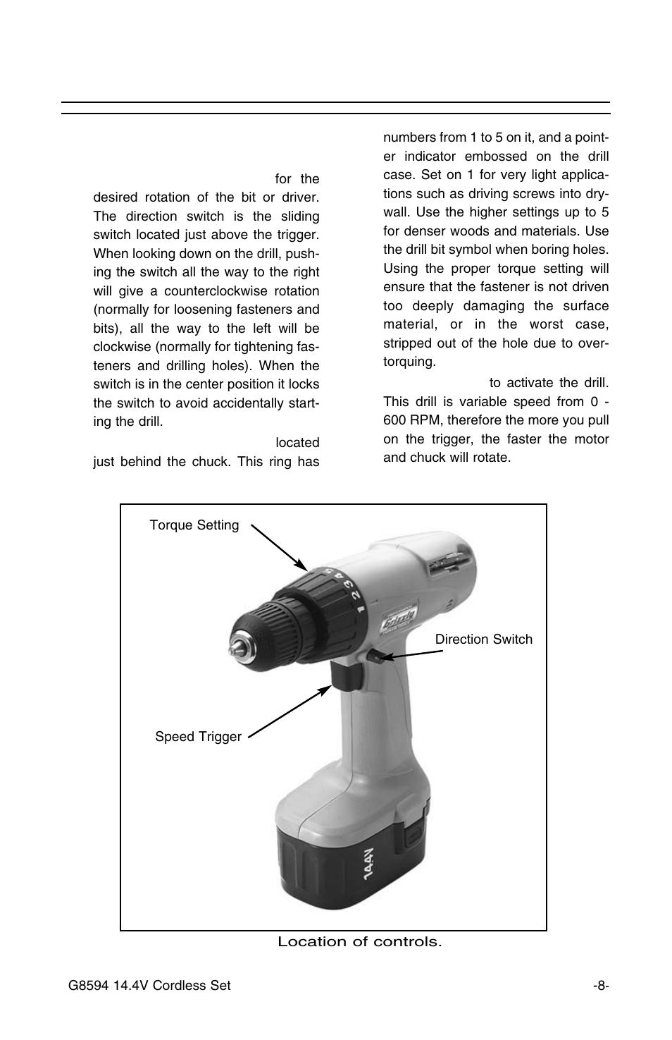 Drill operation, Cont’d, Operating the drill | Grizzly 14.4v 3/8" Cordless Drill G8594 User Manual | Page 8 / 14