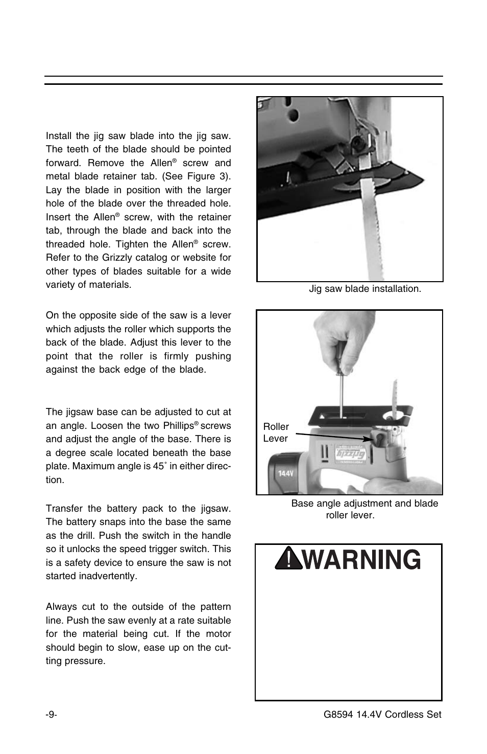 Jig saw operation, Jig saw | Grizzly 14.4v 3/8" Cordless Drill G8594 User Manual | Page 9 / 14