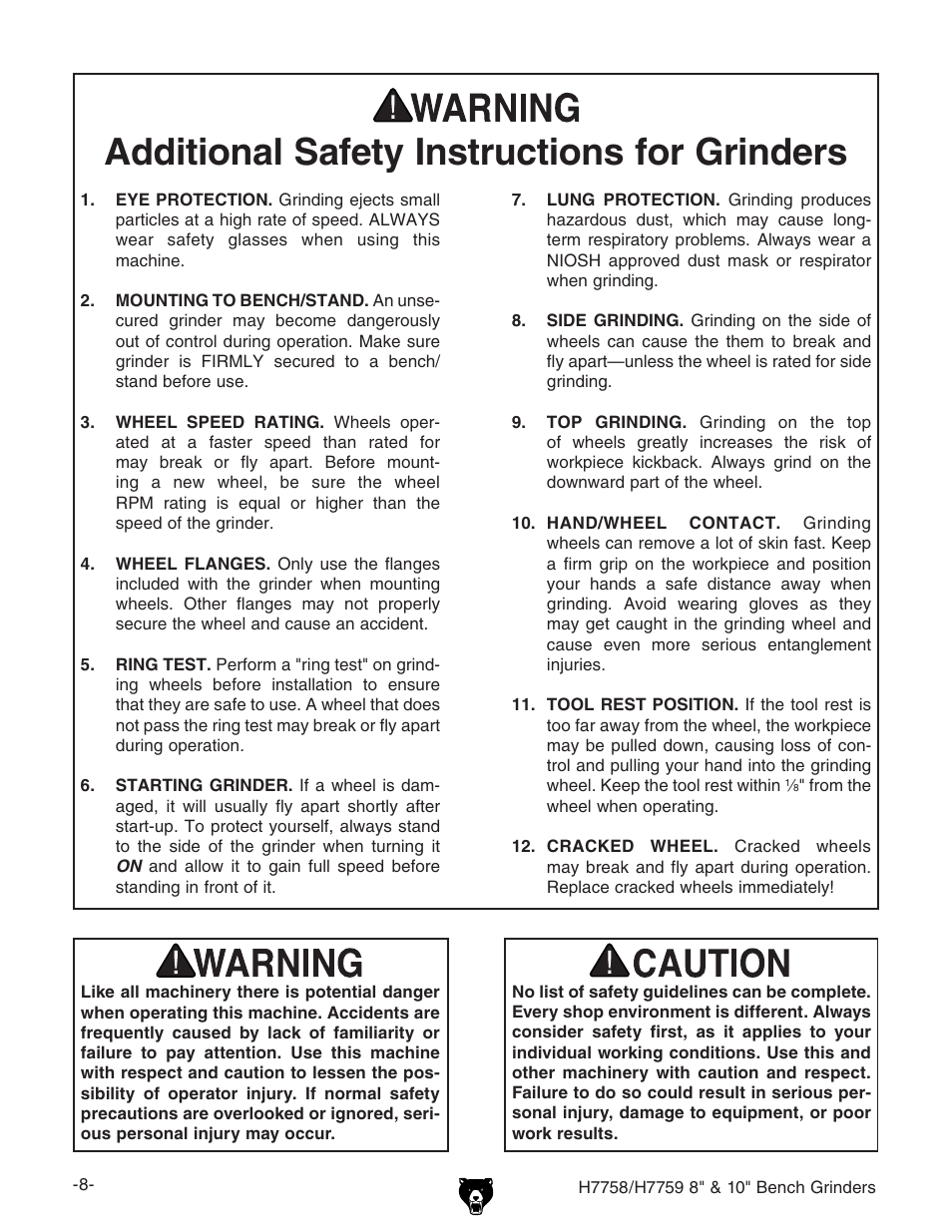 Additional safety instructions for grinders | Grizzly H7758 User Manual | Page 10 / 28