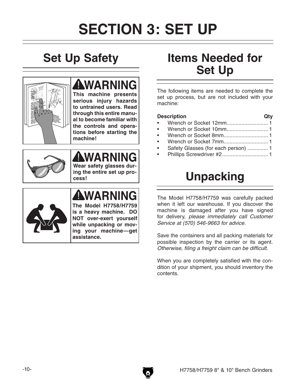 Unpacking set up safety, Items needed for set up | Grizzly H7758 User Manual | Page 12 / 28