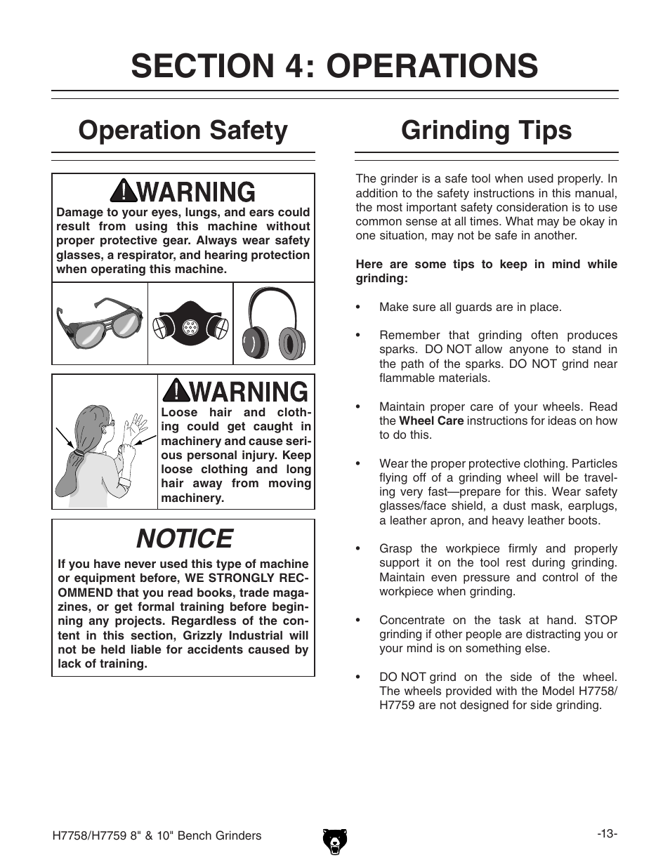 Grinding tips operation safety, Notice | Grizzly H7758 User Manual | Page 15 / 28