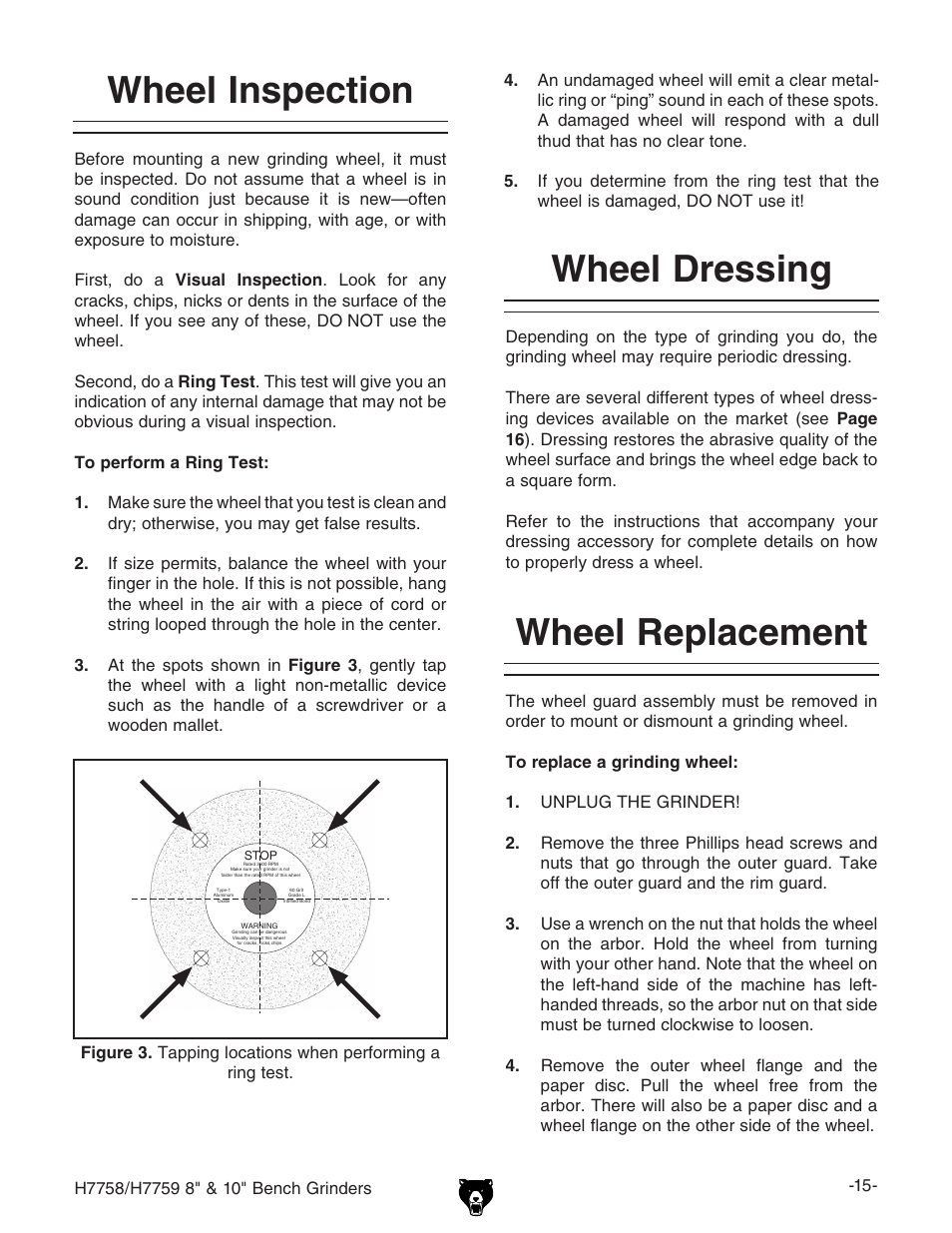 Wheel inspection, Wheel dressing, Wheel replacement | Grizzly H7758 User Manual | Page 17 / 28