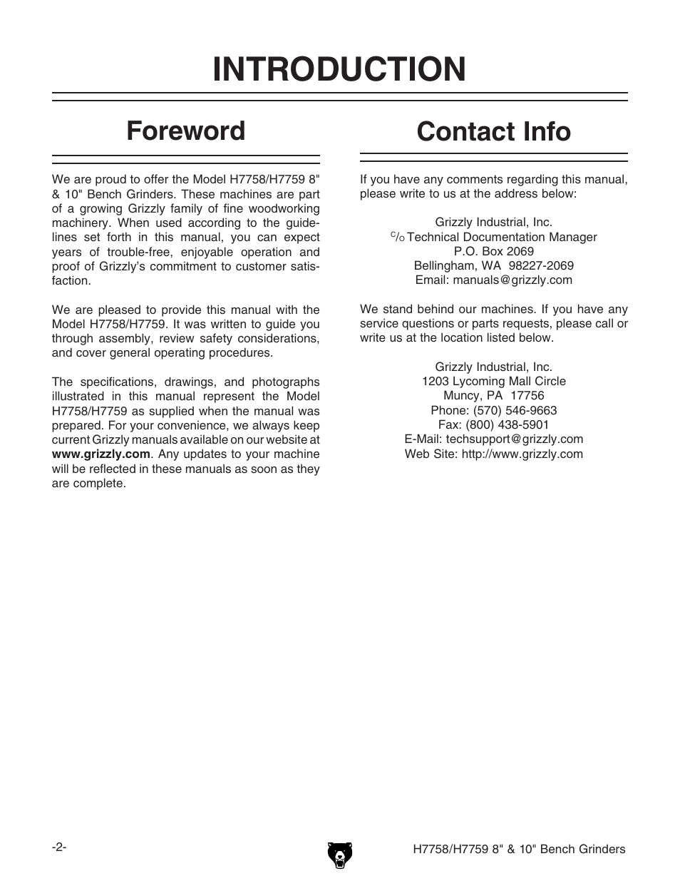 Introduction, Foreword, Contact info | Grizzly H7758 User Manual | Page 4 / 28
