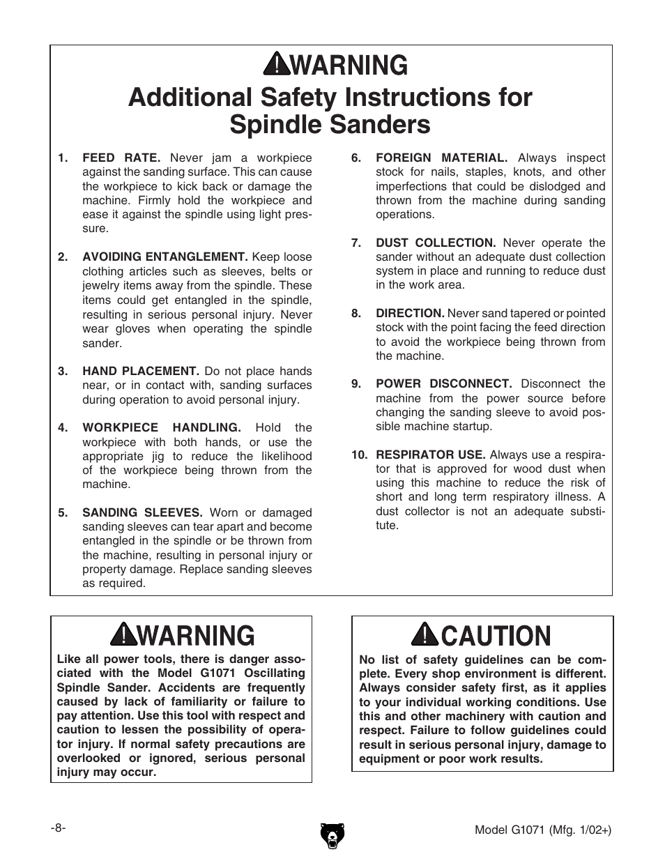 Additional safety instructions for spindle sanders | Grizzly G1071 User Manual | Page 10 / 40