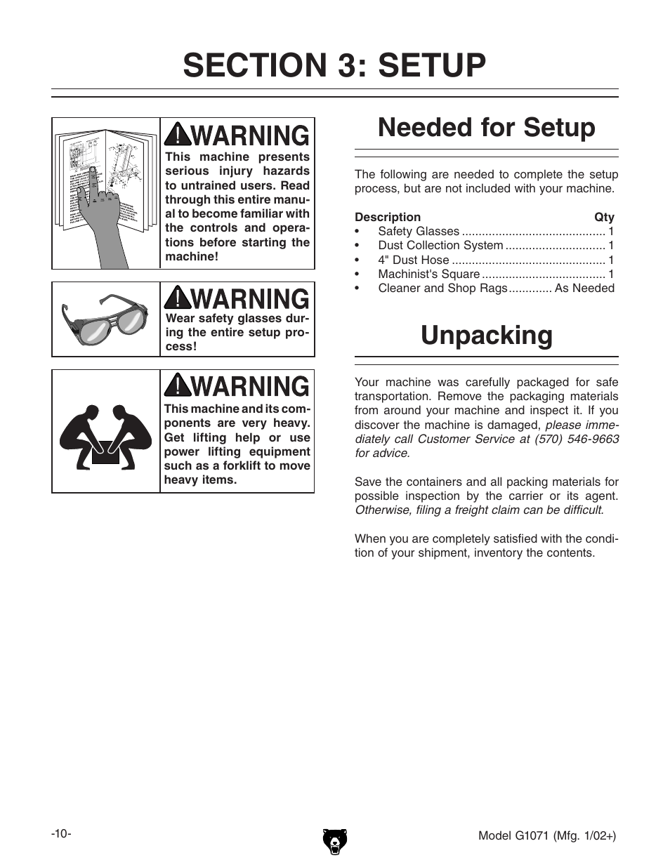 Needed for setup, Unpacking | Grizzly G1071 User Manual | Page 12 / 40