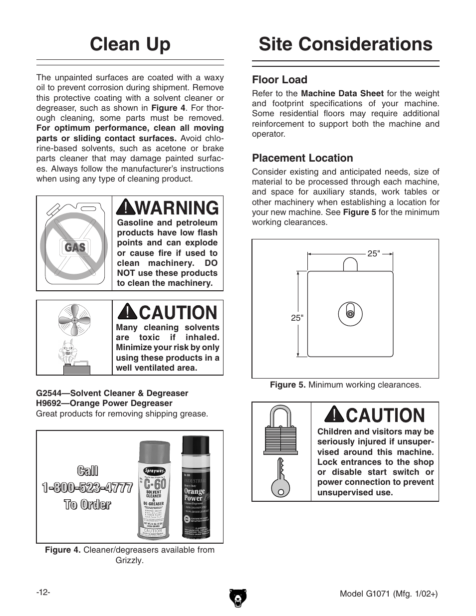 Site considerations, Clean up | Grizzly G1071 User Manual | Page 14 / 40