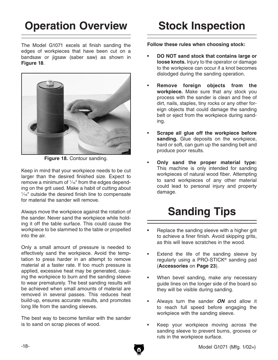 Operation overview, Stock inspection sanding tips | Grizzly G1071 User Manual | Page 20 / 40