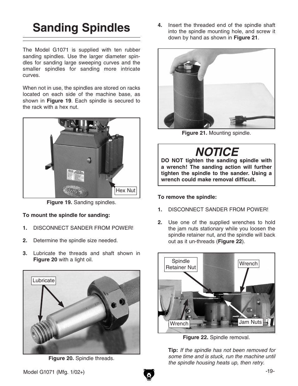 Sanding spindles, Notice | Grizzly G1071 User Manual | Page 21 / 40