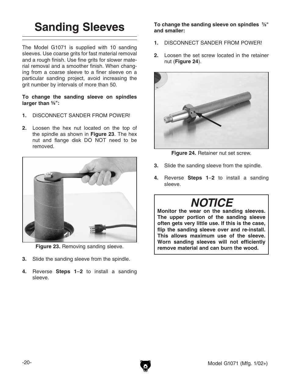 Sanding sleeves, Notice | Grizzly G1071 User Manual | Page 22 / 40