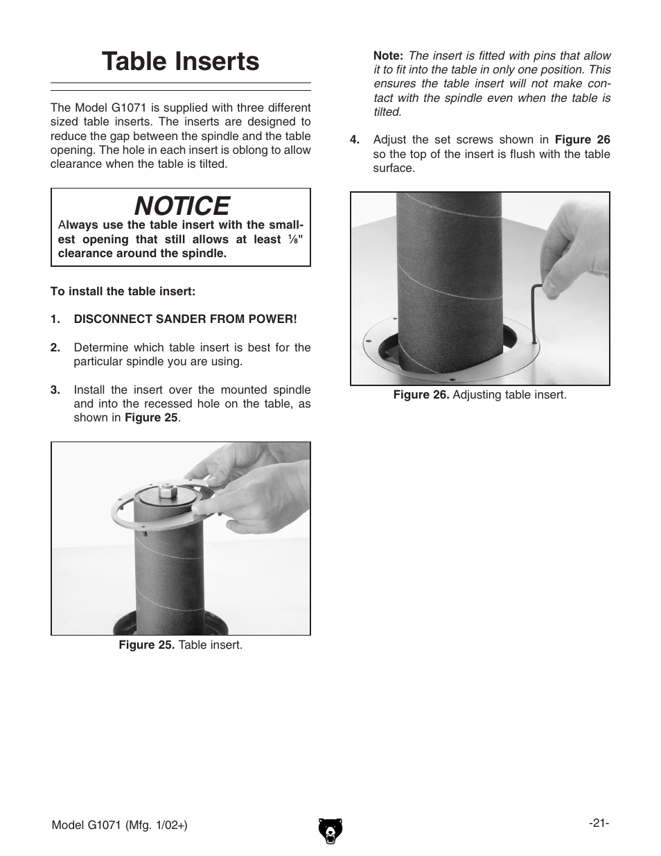 Table inserts, Notice | Grizzly G1071 User Manual | Page 23 / 40