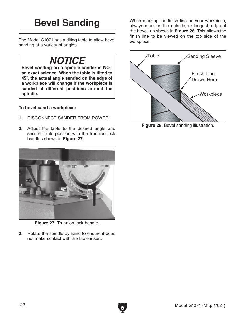 Bevel sanding, Notice | Grizzly G1071 User Manual | Page 24 / 40