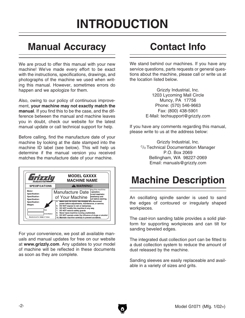 Introduction, Contact info, Machine description manual accuracy | Grizzly G1071 User Manual | Page 4 / 40