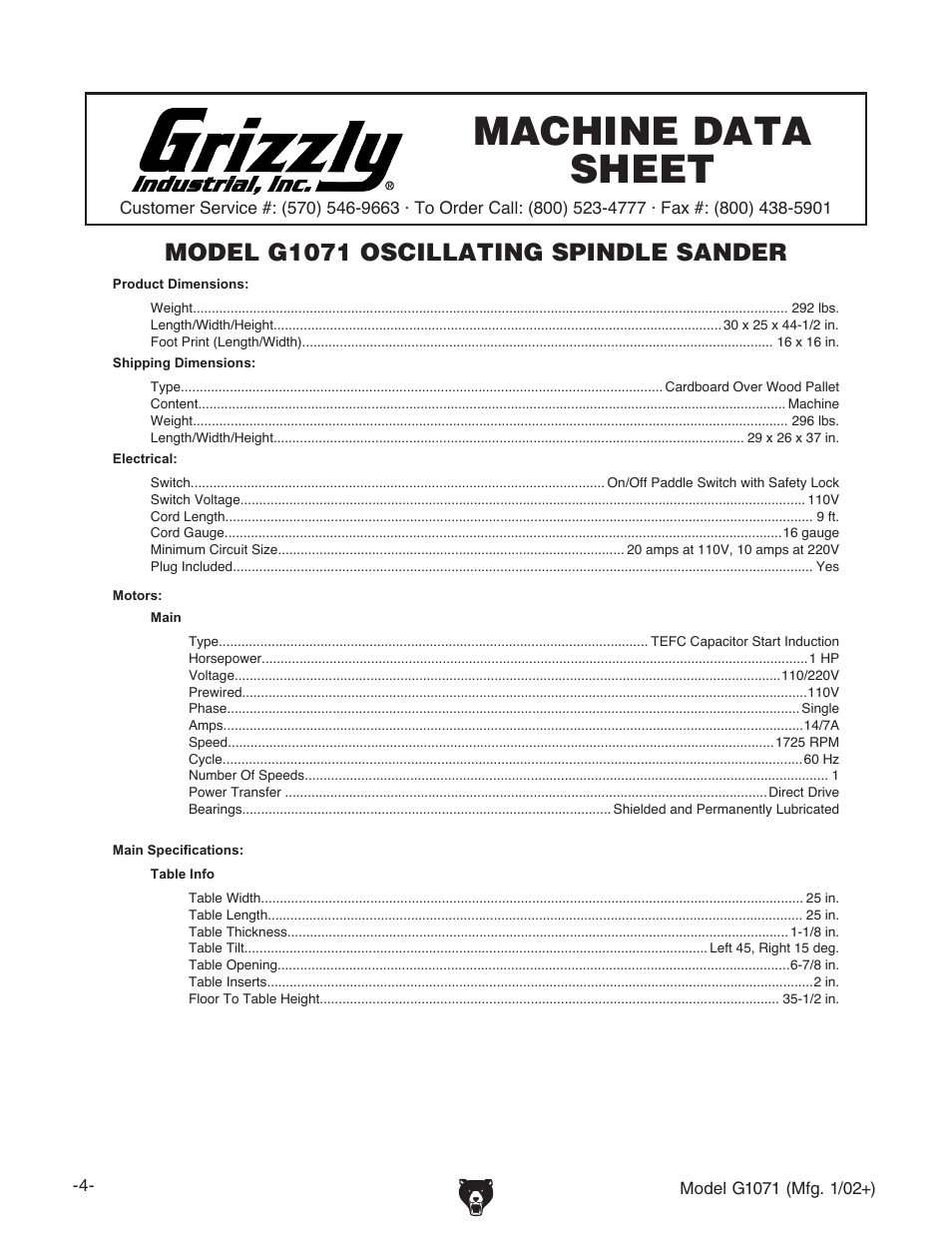 Machine data sheet, Model g1071 oscillating spindle sander | Grizzly G1071 User Manual | Page 6 / 40