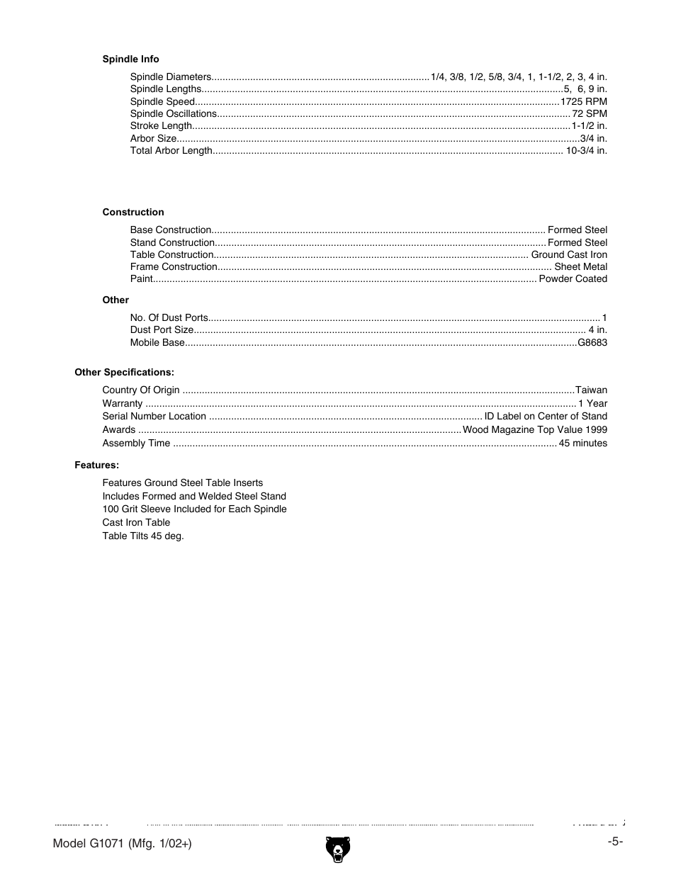 Grizzly G1071 User Manual | Page 7 / 40