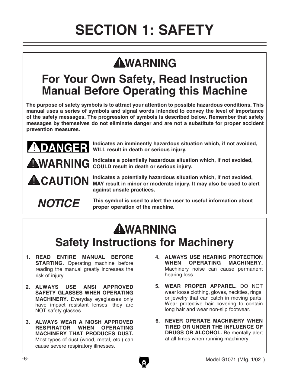 Safety instructions for machinery, Notice safety instructions for machinery | Grizzly G1071 User Manual | Page 8 / 40