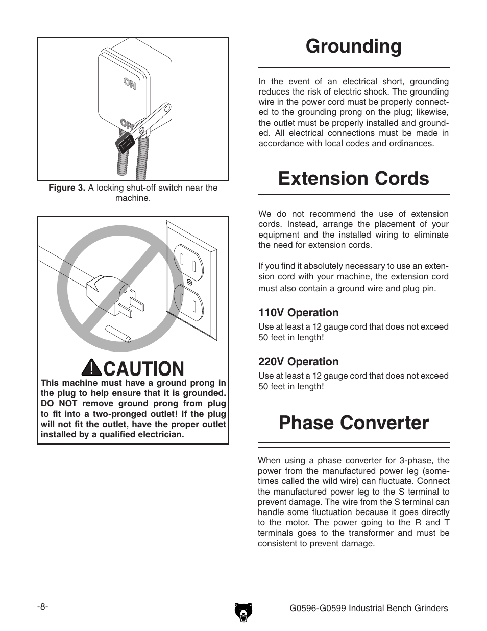 Extension cords grounding, Phase converter | Grizzly G0599 User Manual | Page 10 / 32