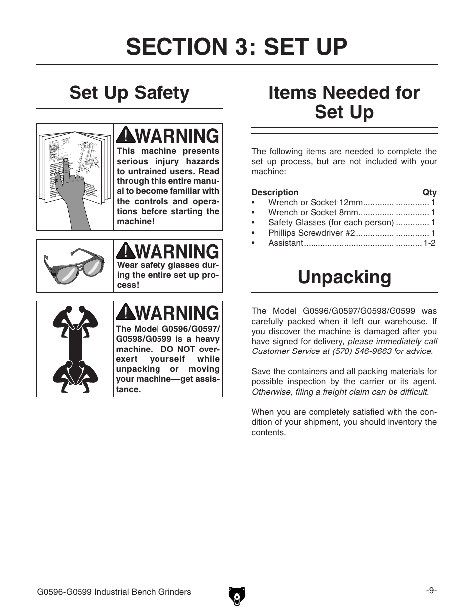 Unpacking set up safety, Items needed for set up | Grizzly G0599 User Manual | Page 11 / 32