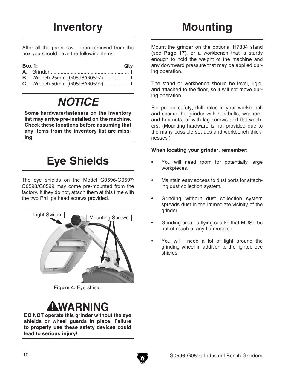 Inventory, Notice, Mounting | Eye shields | Grizzly G0599 User Manual | Page 12 / 32